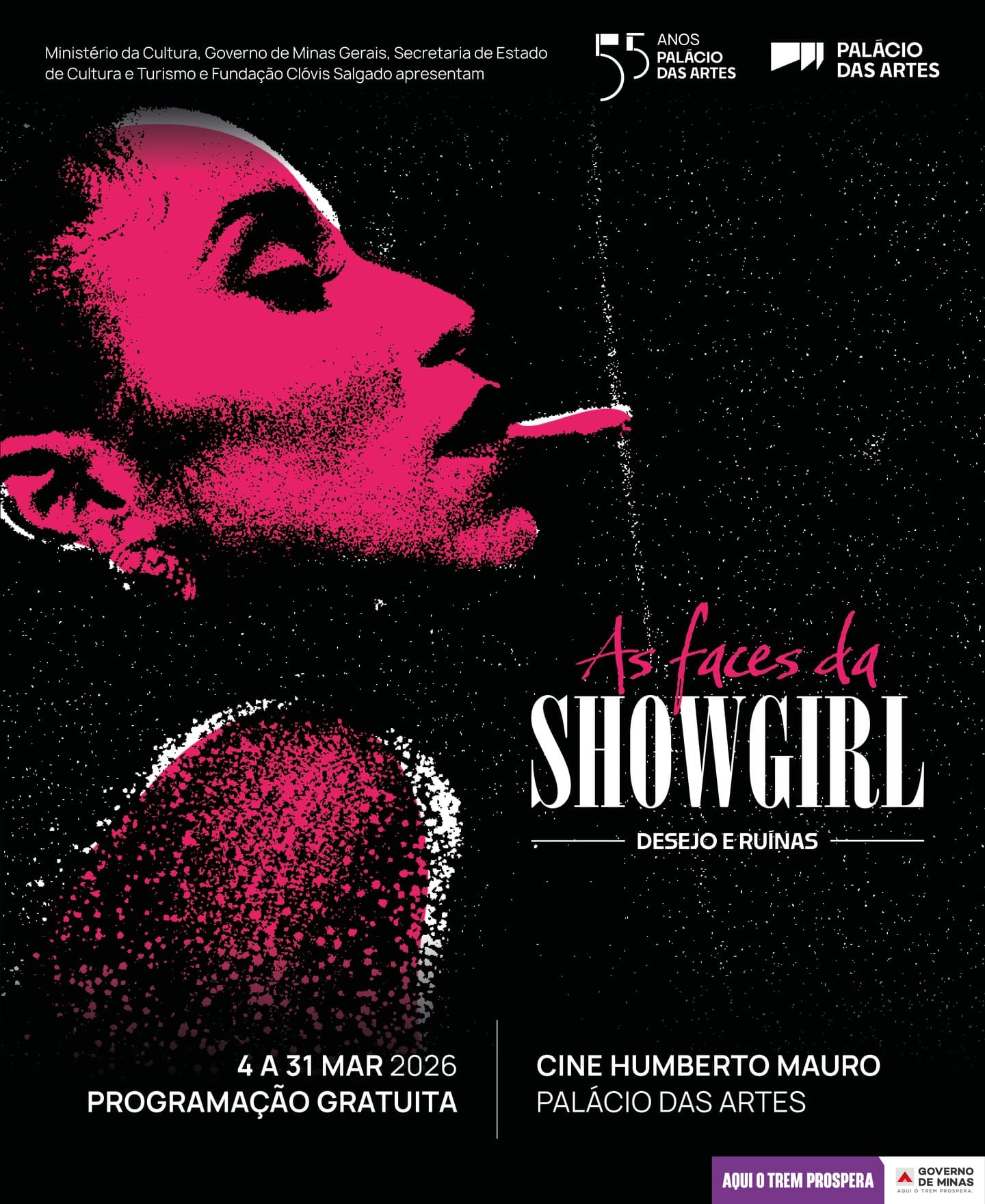 Foto de capa convidativa para o exibição da amostra "as faces da showgirl" contendo o horário, local e data da programação 