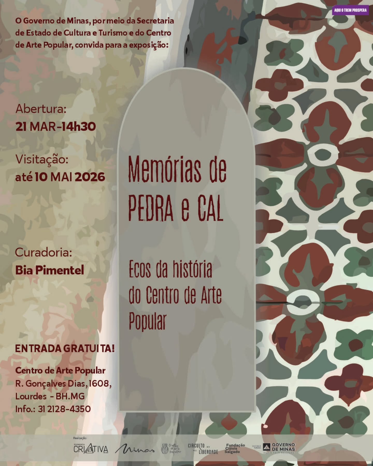 Folder de divulgação da exposição gratuita nomeada como "Memórias de Pedra e Cal: ecos da história do Centro de Arte Popular"