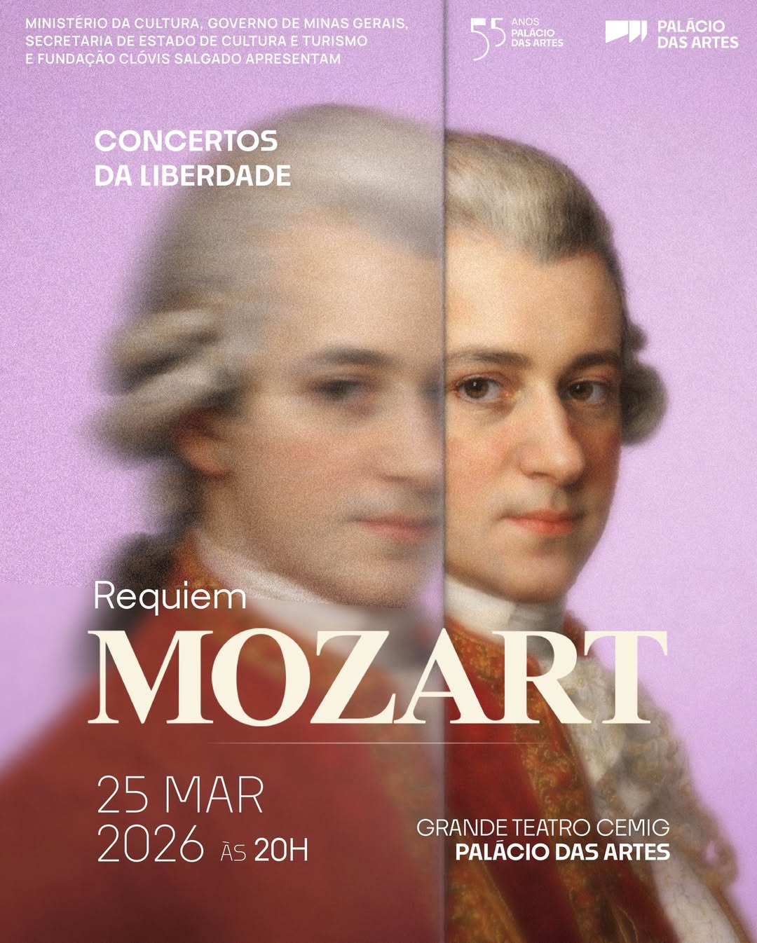 Foto de capa do artista Mozart para divulgação da Orquestra Sinfônica, contendo data e local da apresentação
