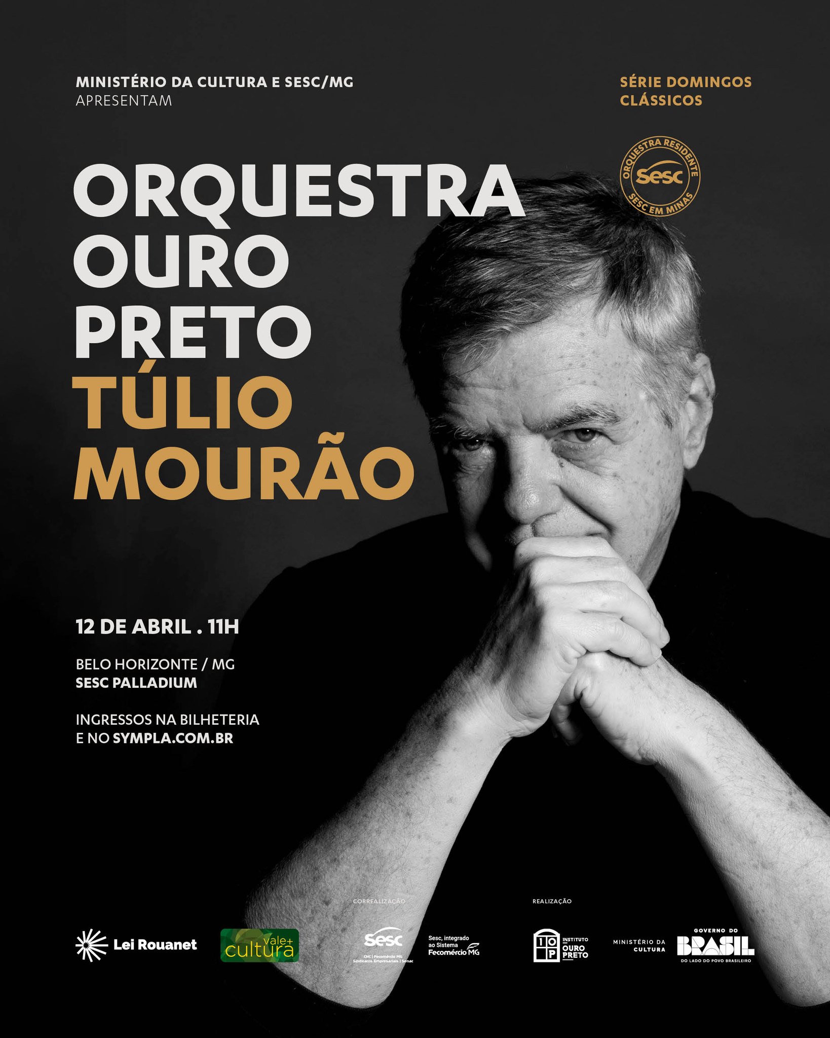 Flyer oficial do evento: Orquestra Ouro Preto: Túlio Mourão com imagem em preto e branco do artista Túlio Mourão