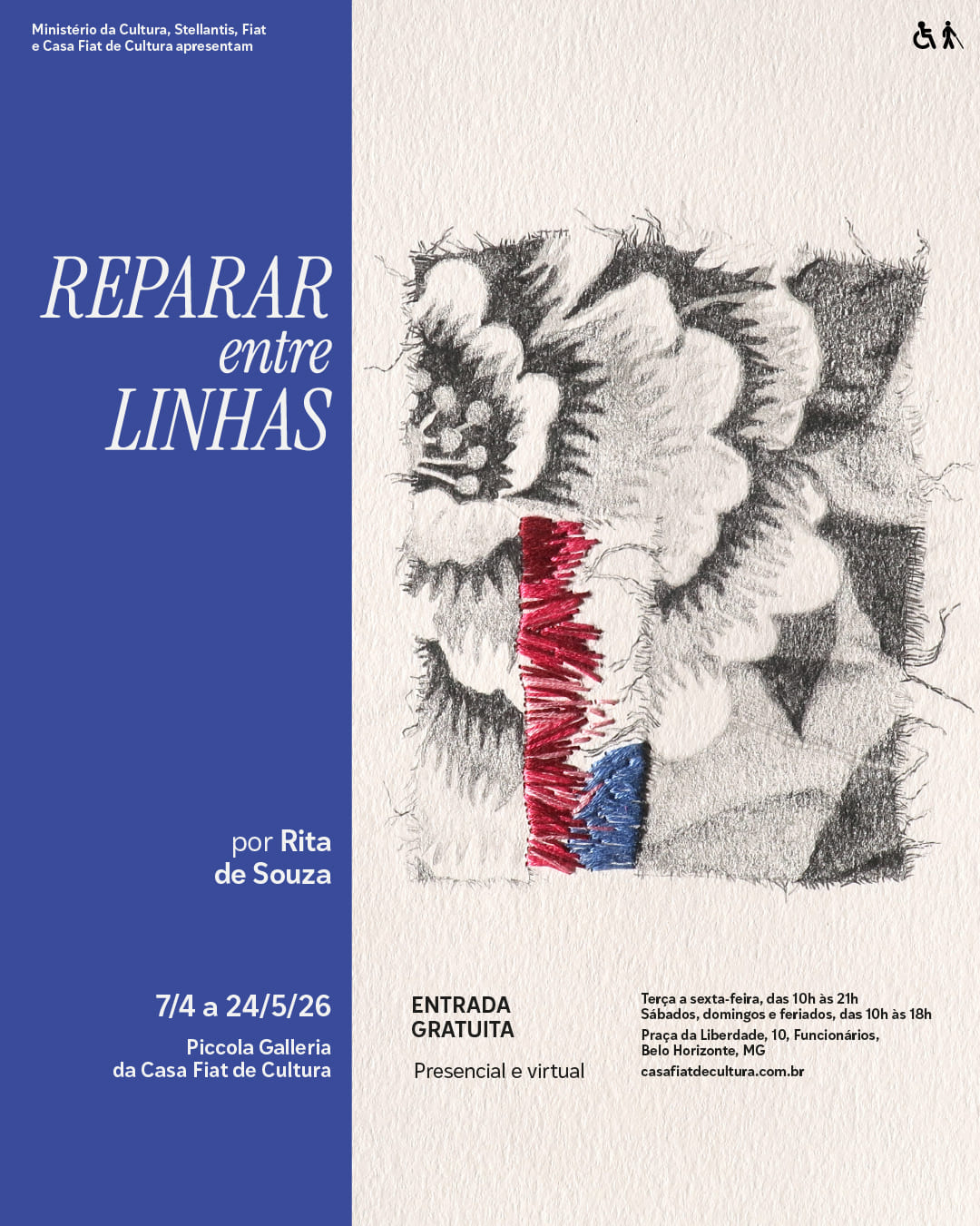 Foto convidativa para a exposição "Reparar entre linhas", contendo horário, data e local do evento 
