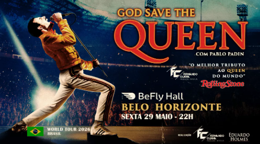Cartaz promocional do show God Save The Queen, um tributo à banda Queen com Pablo Padin. À esquerda, uma foto de Pablo Padin caracterizado como Freddie Mercury, vestindo a icônica jaqueta amarela e calça branca com listras vermelhas, em uma pose clássica de performance no palco. O fundo mostra a plateia de um estádio lotado sob luzes de show.