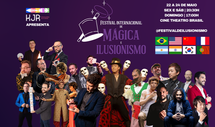 Cartaz promocional do Festival Internacional de Mágica e Ilusionismo, apresentado por KJR Produções. Sobre um fundo roxo, a imagem destaca uma montagem com cerca de 20 artistas de diferentes nacionalidades em poses de performance, utilizando baralhos, máscaras e trajes típicos. Há também oito bandeiras representando os países participantes: Brasil, EUA, China, França, Argentina, Índia, Coreia do Sul e Portugal.