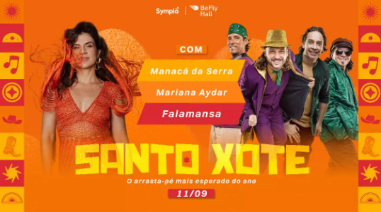 Banner promocional de um evento de forró com fundo alaranjado vibrante. No topo, as marcas Sympla e BeFly Hall. No centro, em letras amarelas estilizadas, lê-se o título "SANTO XOTE", seguido pela frase "O arrasta-pé mais esperado do ano" e a data 11/09.