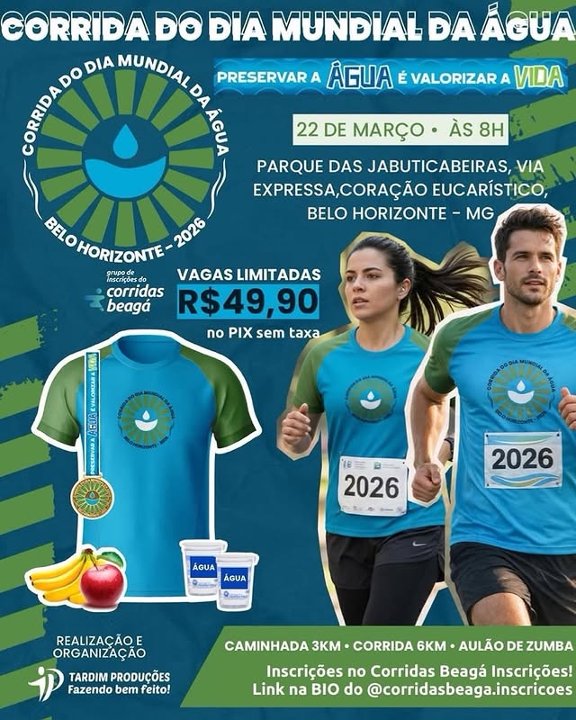 Foto de capa convidativa da corrida com título, data, horário e local, havendo também foto de dois corredores usando a camisa oficial e preço do ticket