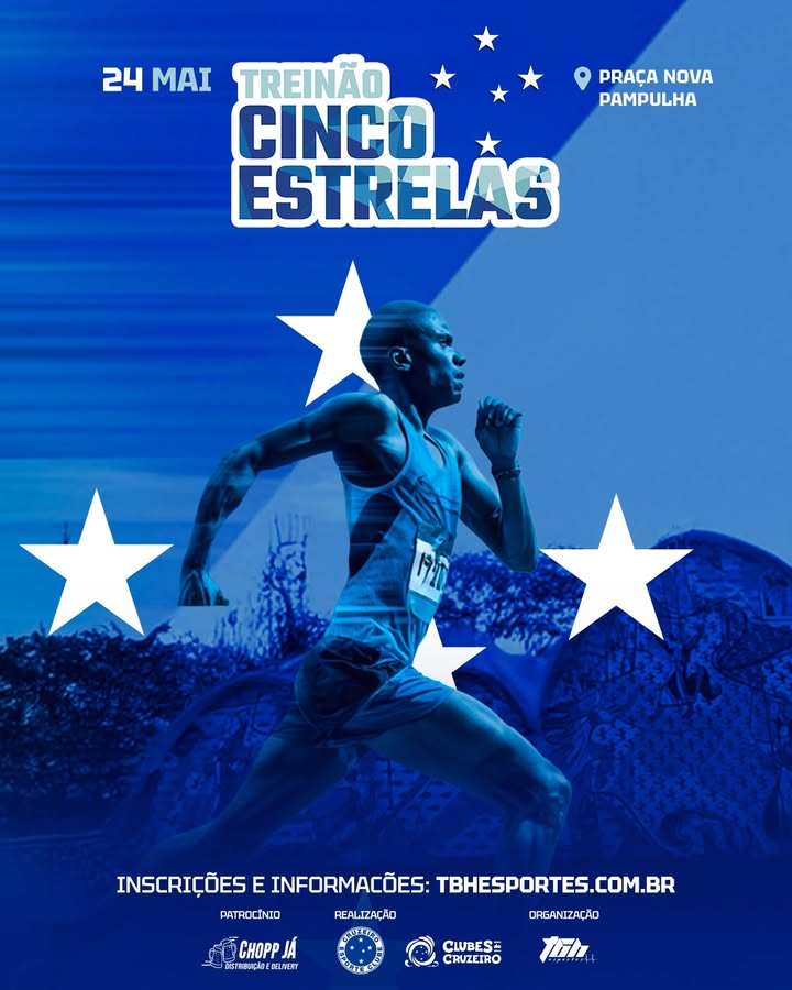 Foto de capa informativo da corrida do cruzeiro com o fundo azul, as estrelas do time, data e local do evento