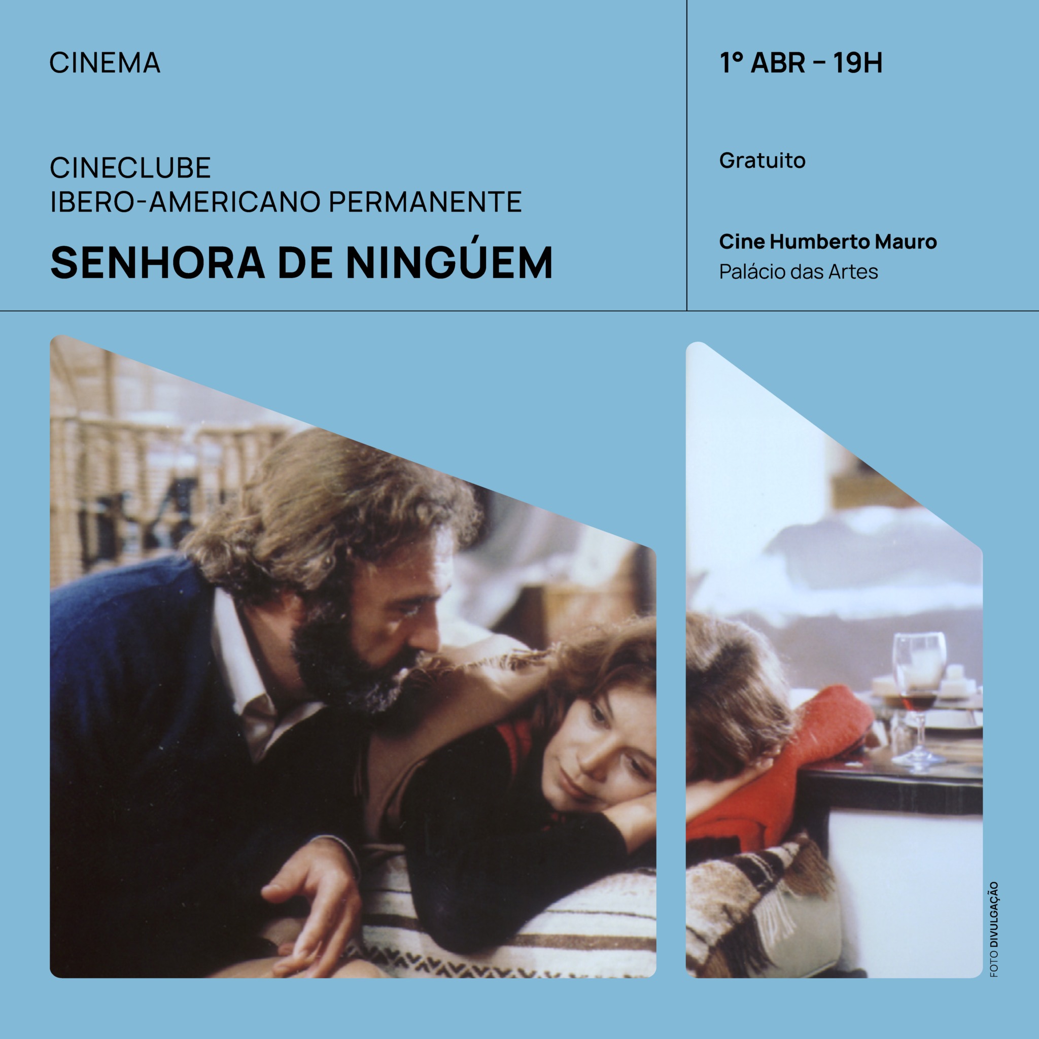 Folder de divulgação do filme "Senhora Ninguém". Mulher deitada sobre travesseiro com expressão de desânimo. Homem sentado ao seu lado encarando seu rosto. Informações sobre a sessão na parte superior da foto.