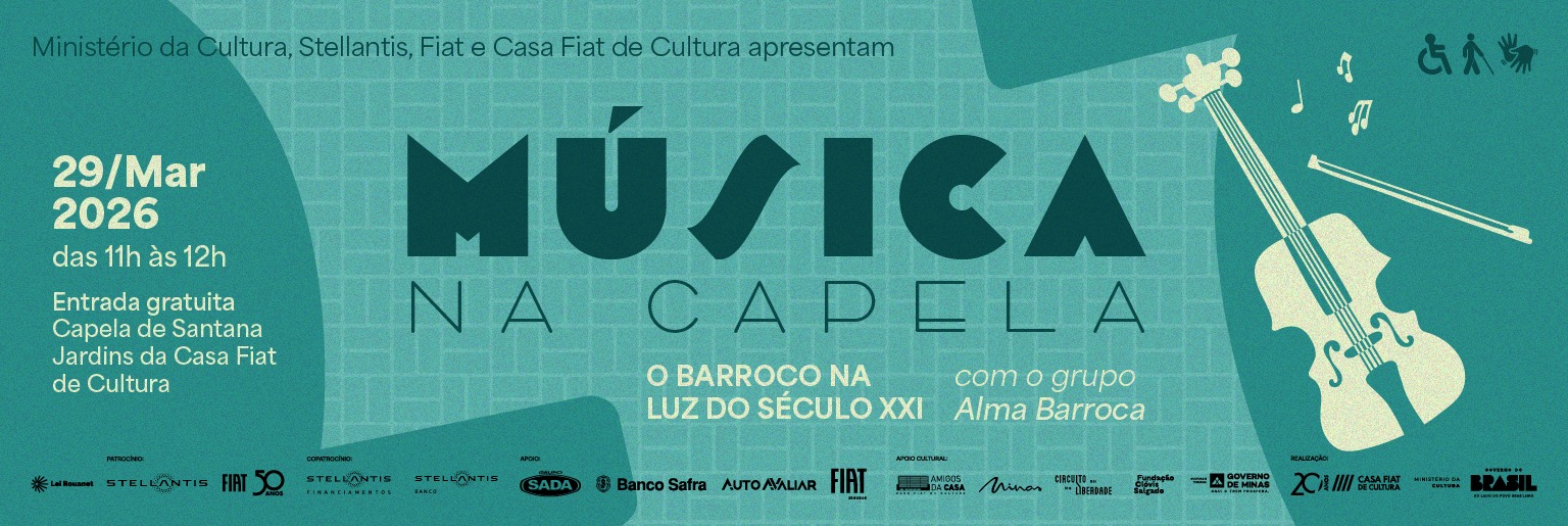Folder de divulgação da Música na Capela. Imagem com fundo da cor aqua, contém informações sobre o evento, incluindo patrocinadores, local, data e tema. Figura ilustrativa de um violino na cor bege.