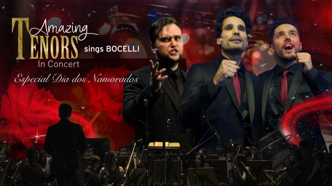 Três artistas em destaque cantando. Eles vestem terno preto e ao fundo há uma orquestra com maestro. Informações sobre o evento na parte superior da foto.