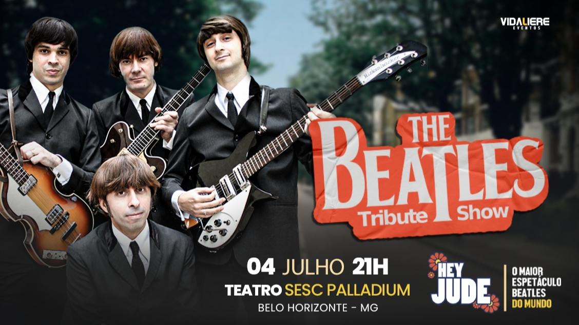 Foto: Divulgação/Sympla Sesc Palladium Quatro homens vestidos de terno preto, estilo anos 1960, seguram instrumentos musicais e posam como uma banda.