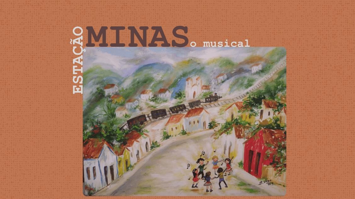 Cartaz do espetáculo. Ao centro, uma pintura colorida mostra uma pequena cidade entre montanhas, com casas simples, um trem passando ao fundo e crianças dançando na rua com notas musicais ao redor. O fundo do cartaz é laranja, com o título do espetáculo em destaque na parte superior.