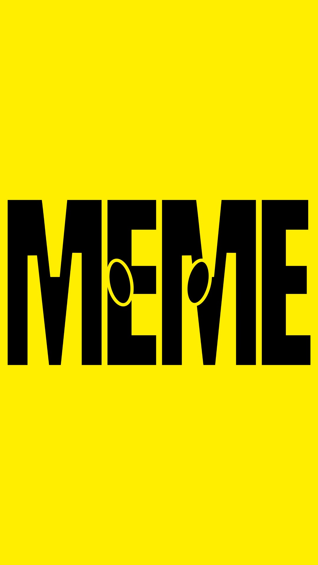 Imagem de divulgação da exposição: fundo amarelo com o termo "Meme" escrito em letra maiúscula e cor preta.