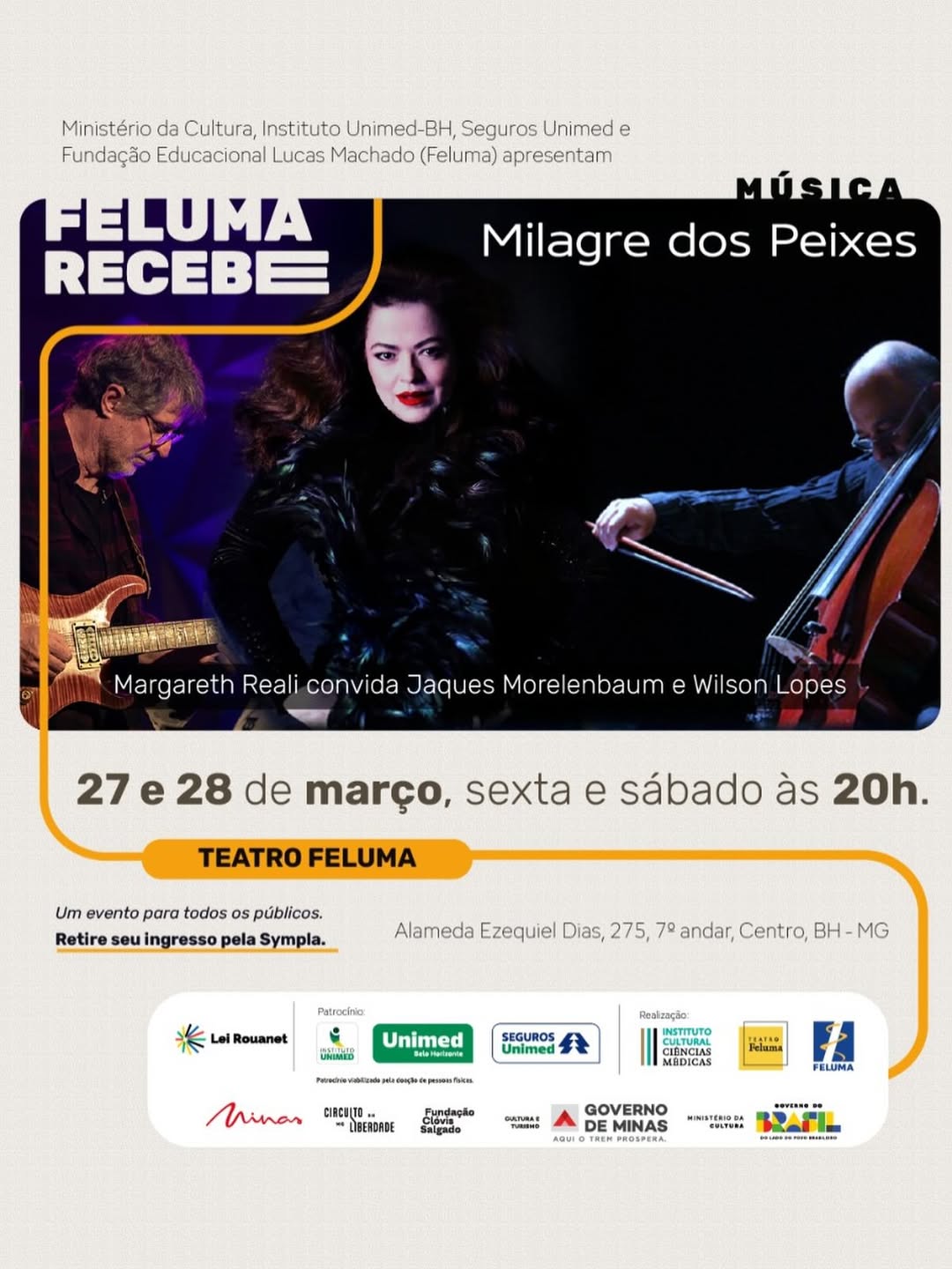 Foto convidativa para o show de Margareth Reali nos dias 27 e 28 de março no teatro Feluma, com participação de Jaques Morelenbaum e Wilson Lopes
