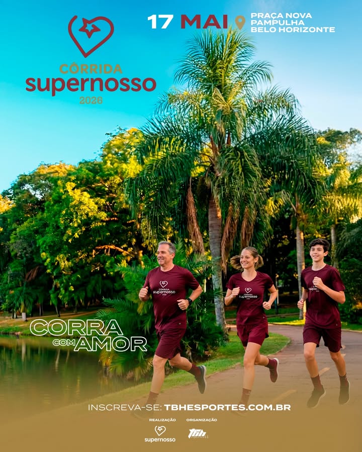 Reprodução/Instagram Foto de capa da corrida Supernosso ilustrando 3 atletas correndo no parque e vestindo a blusa oficial roxa