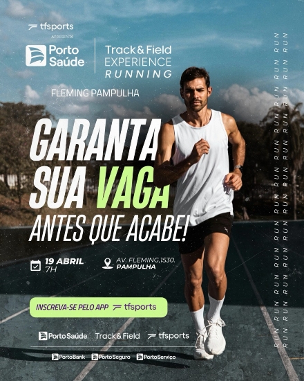 Flyer de divulgação, com imagem de um homem correndo em pista de corrida e informações sobre o evento 