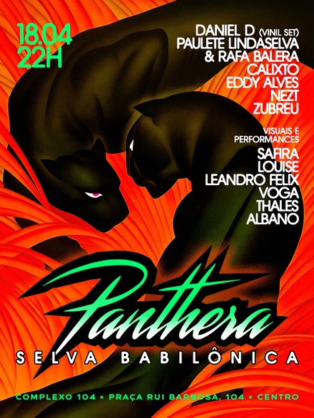 Cartaz com fundo vermelho e ilustrativo do evento Panthera: Selva Babilônica