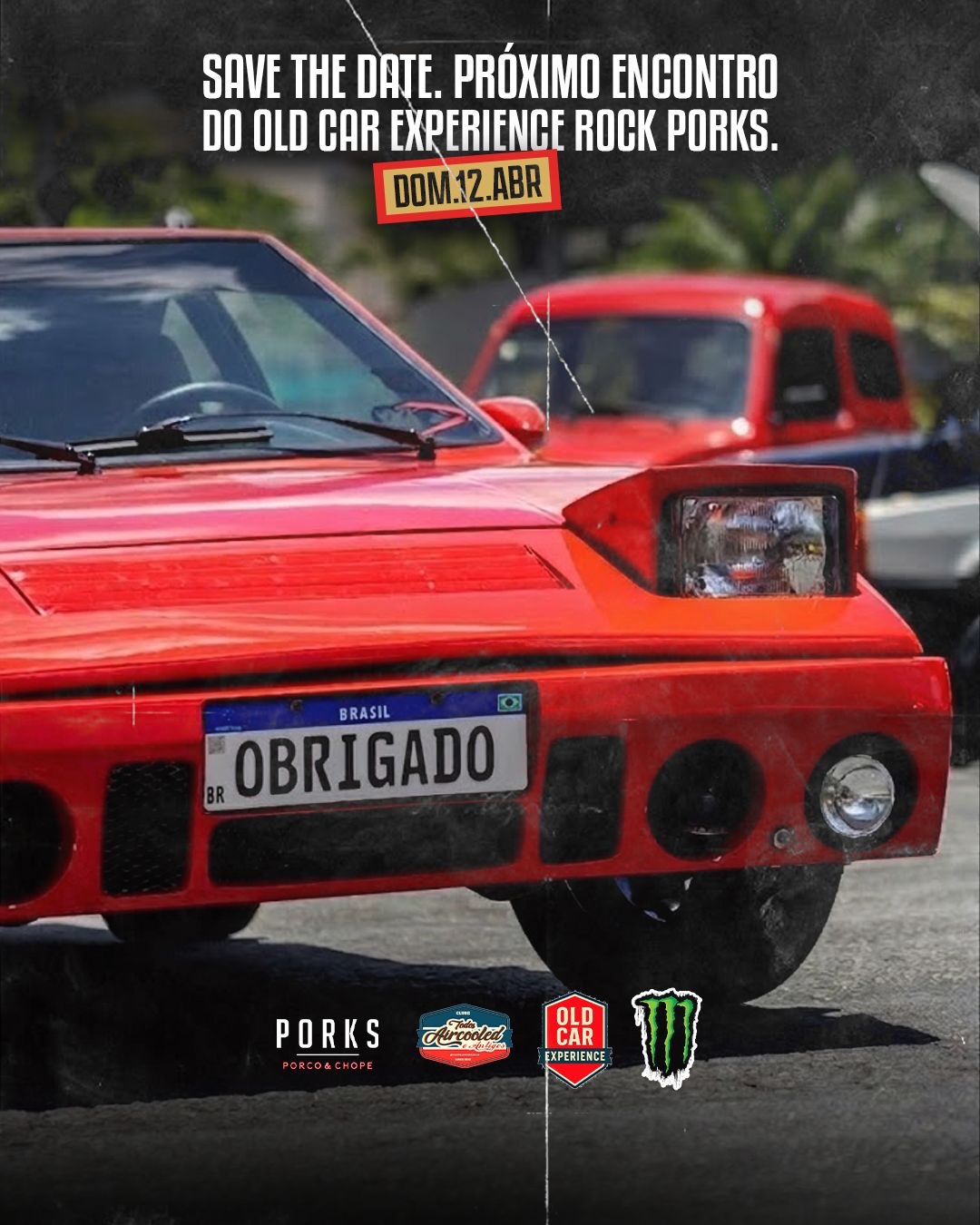 Foto de capa contendo caros antigos vermelhos e convidando para o evento de caros antigos no Porks