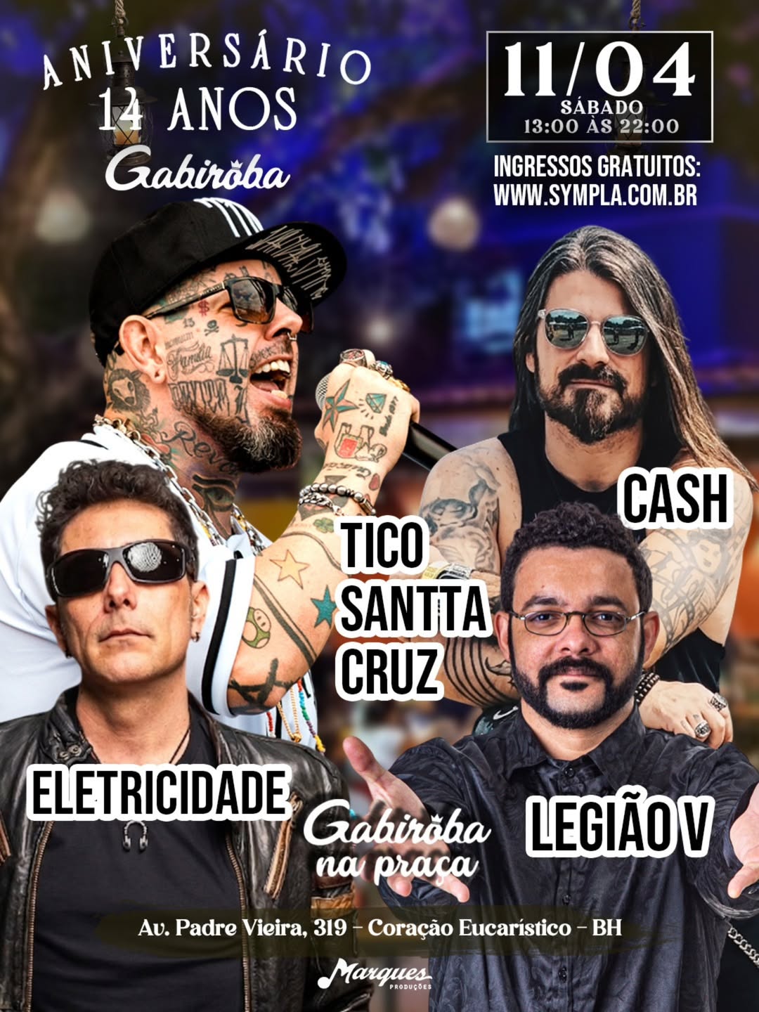 Foto de capa do festival Gabiroba na praça contendo as 4 atrações confimadas: Banda Eletricidade (Capital Inicial Cover), Cash, Legião V e Tico Santa Cruz 