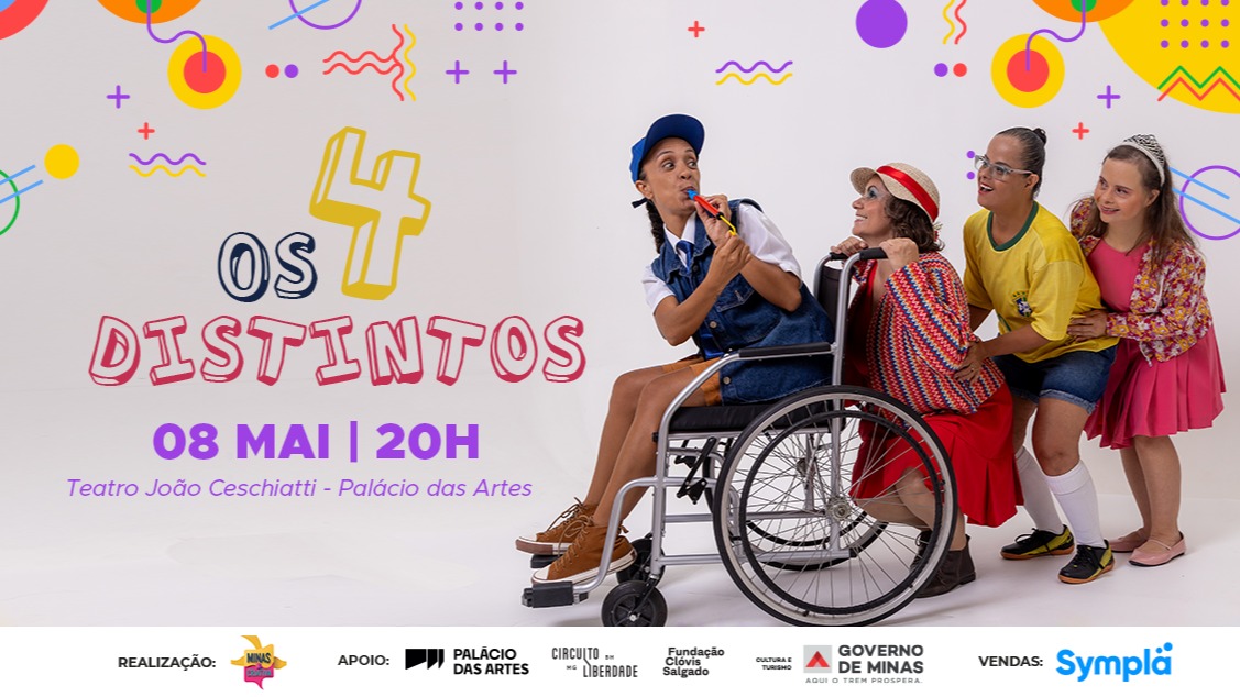 Foto de capa do espetáculo teatral contendo foto dos 4 personagens mais titulo da peça, horário, data e local