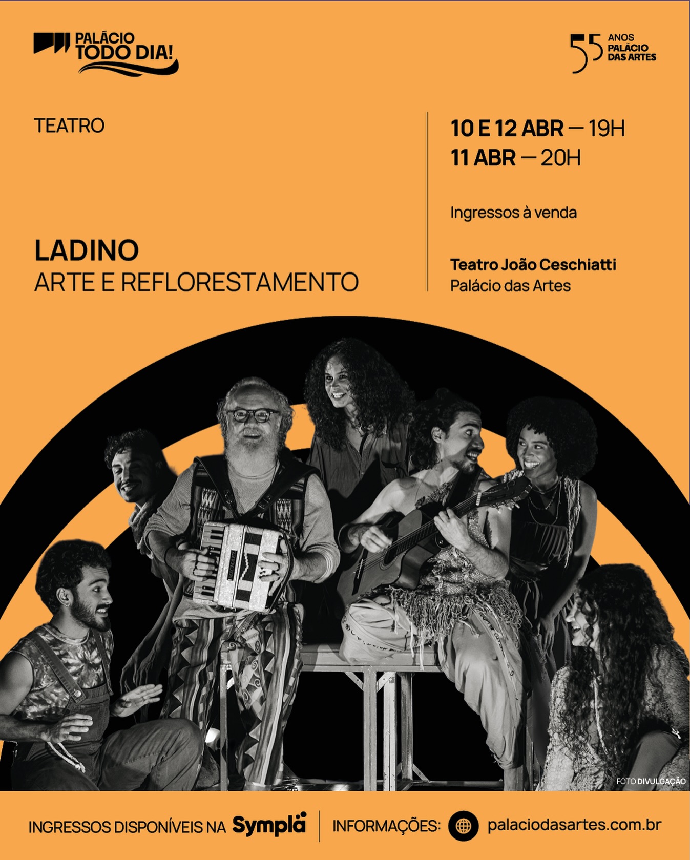 Cartaz com fundo laranja e imagem do grupo teatral espetáculo musicado: “Ladino”