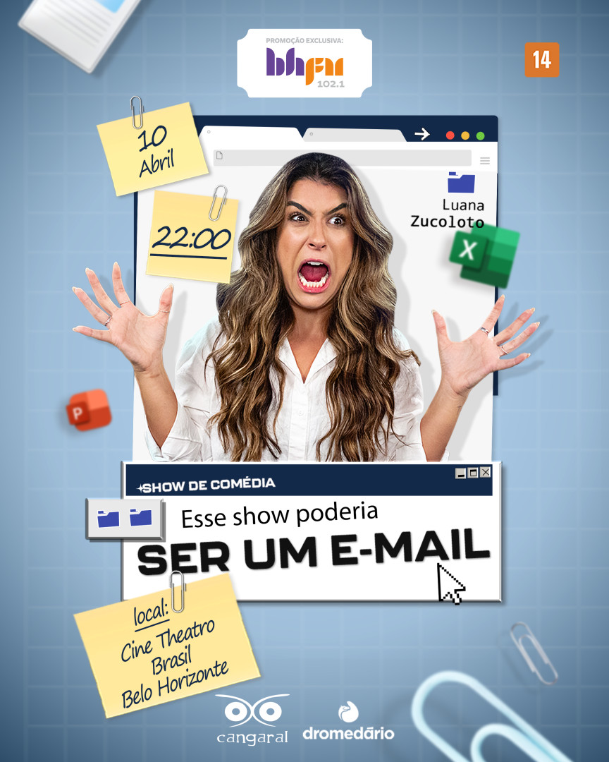 Foto de capa do espetaculo da luana zucoloto "Esse show poderia ser um e-mail, contendo data e local do evento juntamente com a foto da artista 