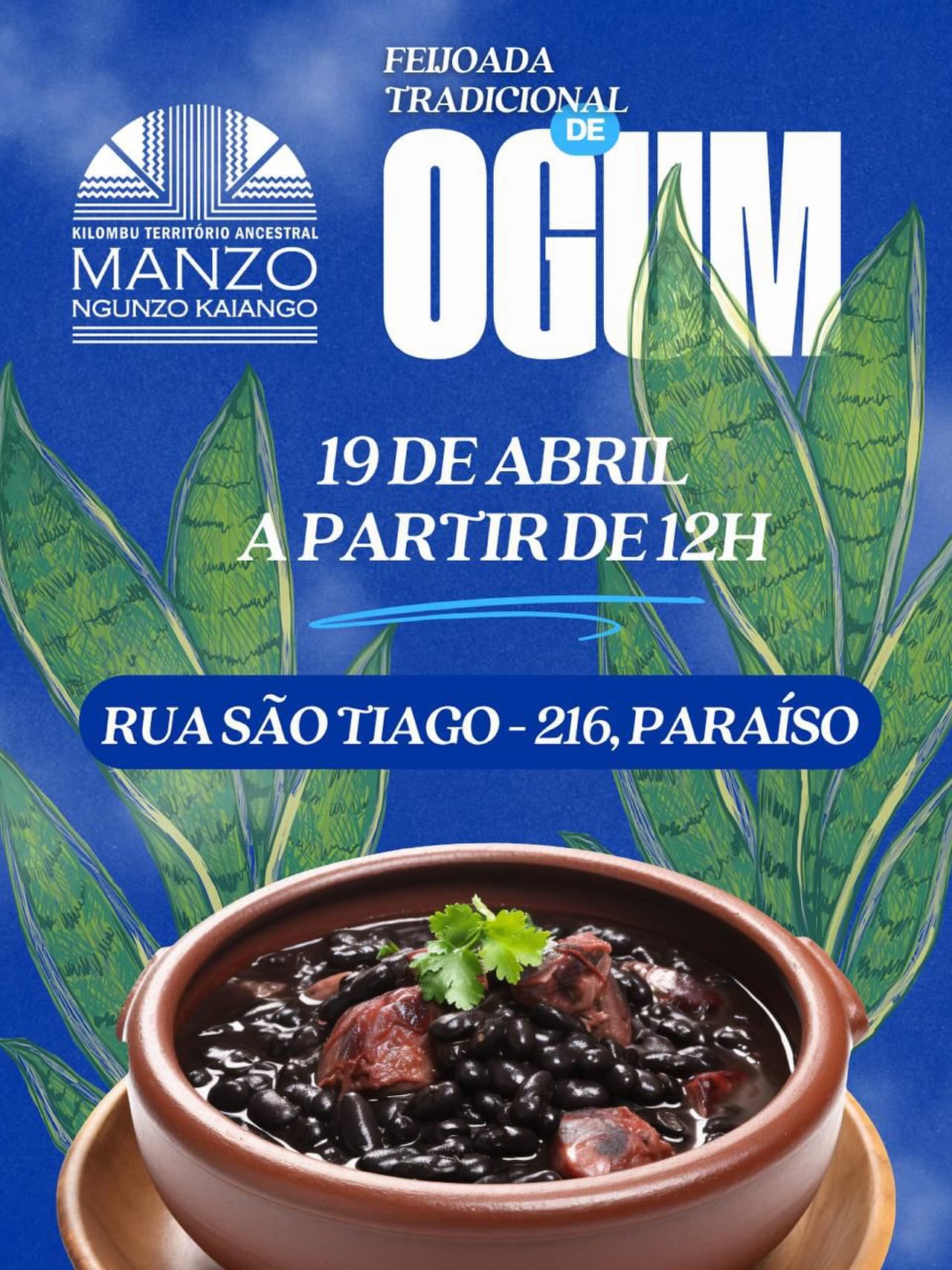 Foto de divulgação da Feijoada solidária no Quilombo Manzo contendo foto de uma feijado data e local do evento