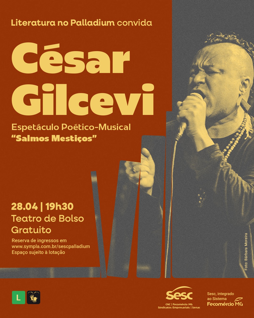 Cartaz com fundo vermelho do evento Literatura no Palladium: Espetáculo poético-musical "Salmos Mestiços" e imagem do artista César Gilcevi