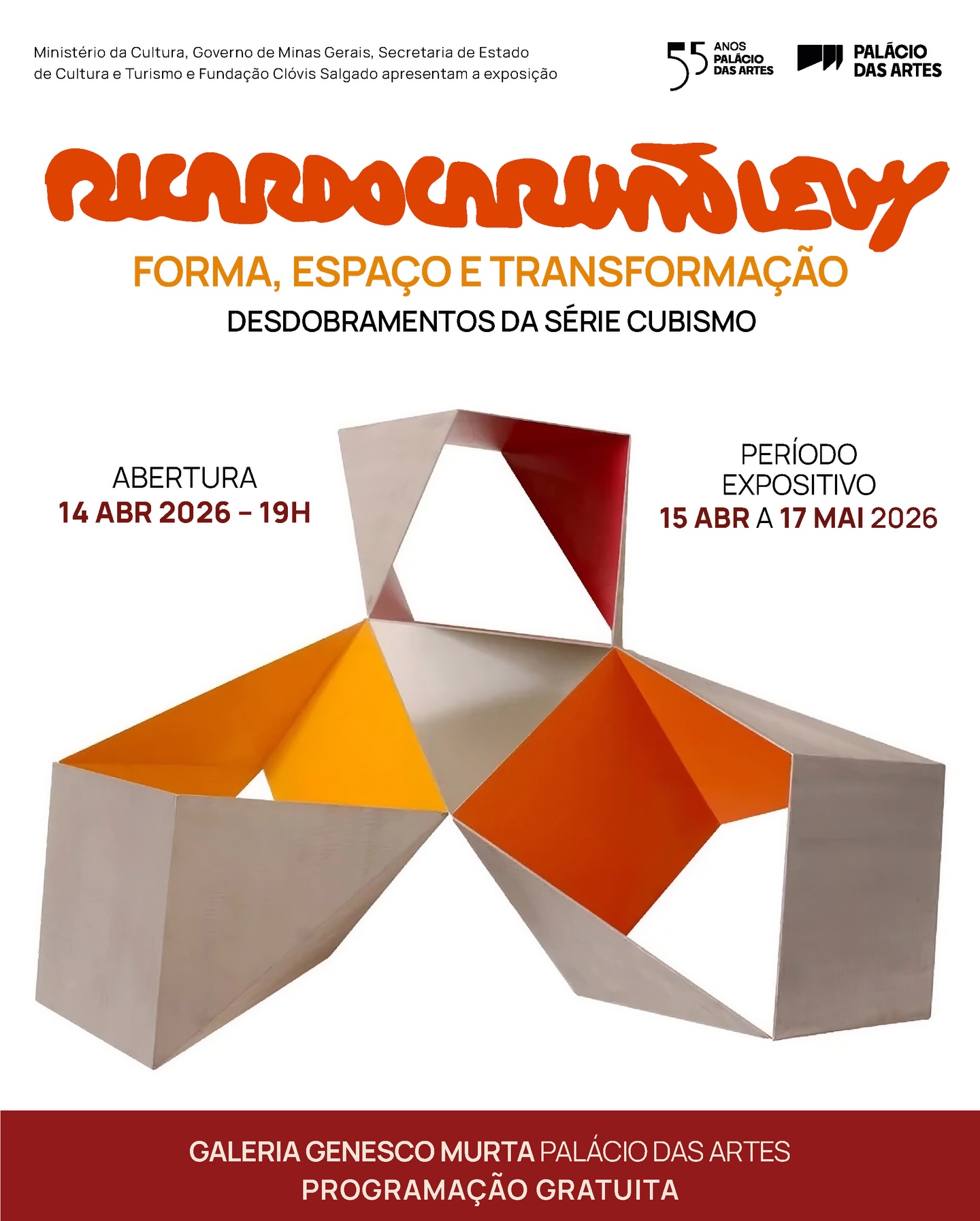 Foto de capa da exposição “Forma, Espaço e Transformação" contendo data, local e horário 