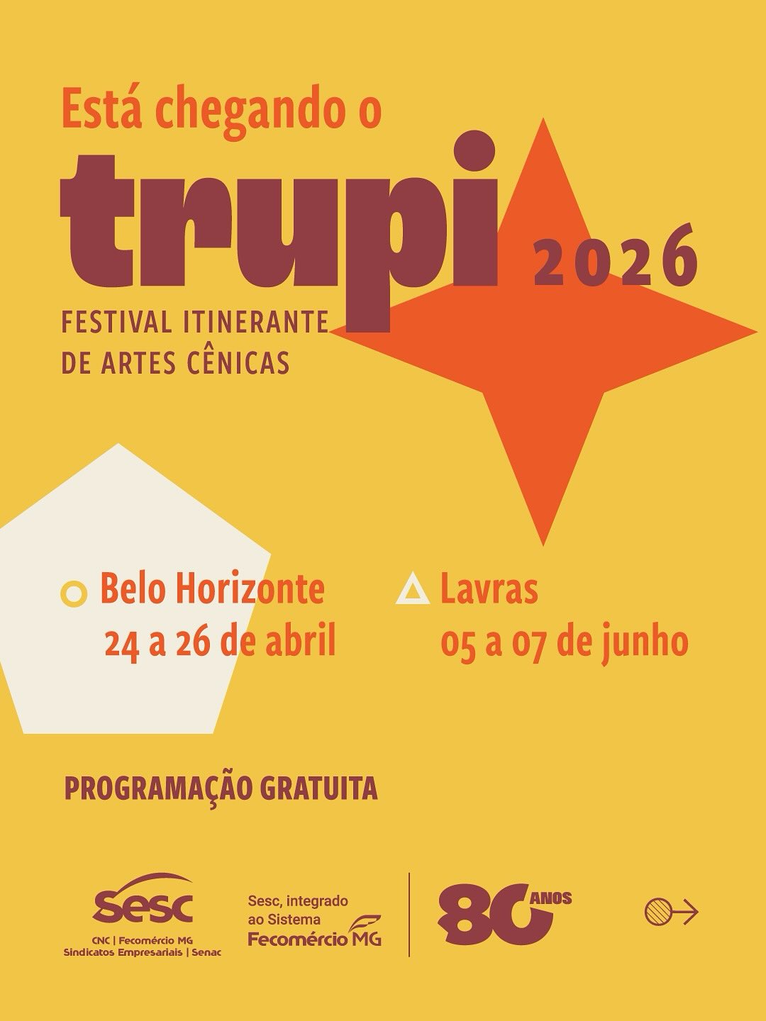 Foto de capa do festival Trupi contendo local, data e horarioo do evento em cores mais avermelhadas e fundo amarelo