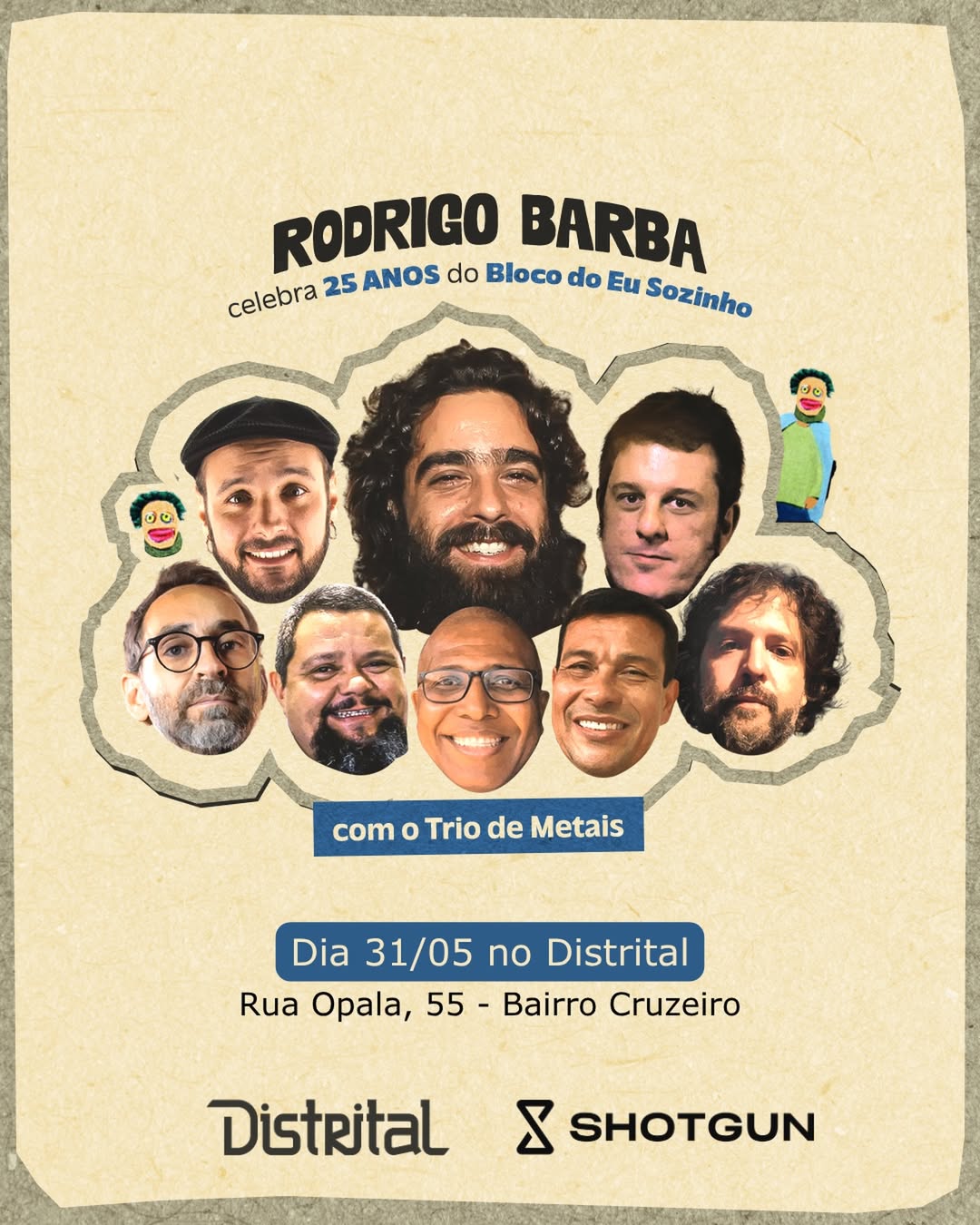 Flyer oficial de divulgação do evento: Rodrigo Barba - 25 Anos Do Bloco Do Eu Sozinho