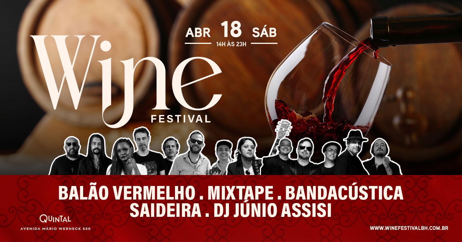 Foto de capa convidativa para o Festival Wine no Quintal do Chalé, contendo data e foto das atrações da noite 