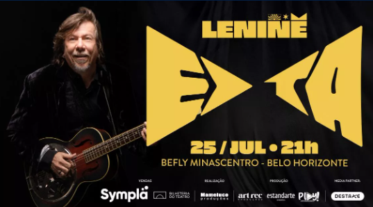 O cartaz anuncia o show do cantor Lenine em Belo Horizonte. À esquerda, o artista aparece sorrindo com um violão metálico. No centro, letras grandes e amarelas destacam o título da turnê "Rizoma". Abaixo, as informações principais: 25 de julho, às 21h, no BeFly Minascentro. O rodapé indica que os ingressos são vendidos pela Sympla. O fundo é preto, criando um forte contraste com os elementos em amarelo e branco.