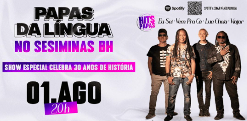 Foto de capa de divulgação do show da banda "Papas da Língua" com foto da banda, data e local do evento 