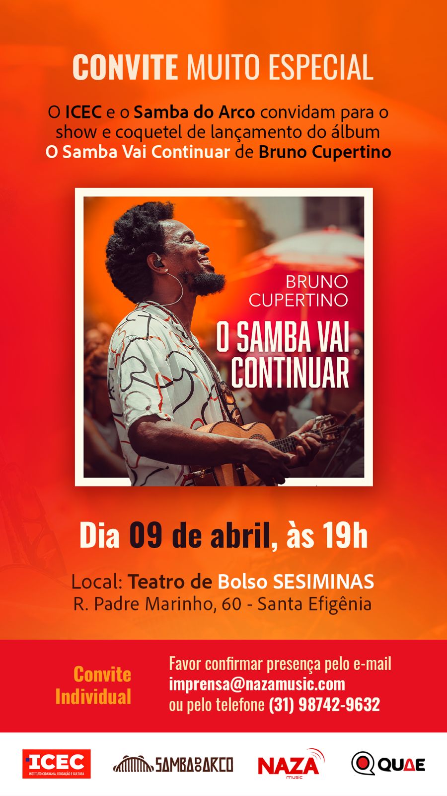 Foto de capa convidativa para o lançamento do albúm "o samba vai continuar" do artista Bruno Cupertino