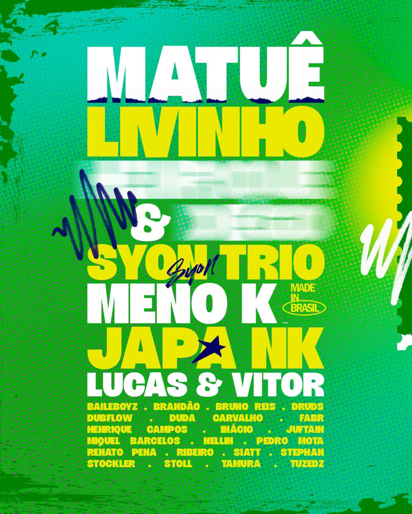 Divulgação do line up do evento Carna Copa com fundo verde e texto com as atrações 