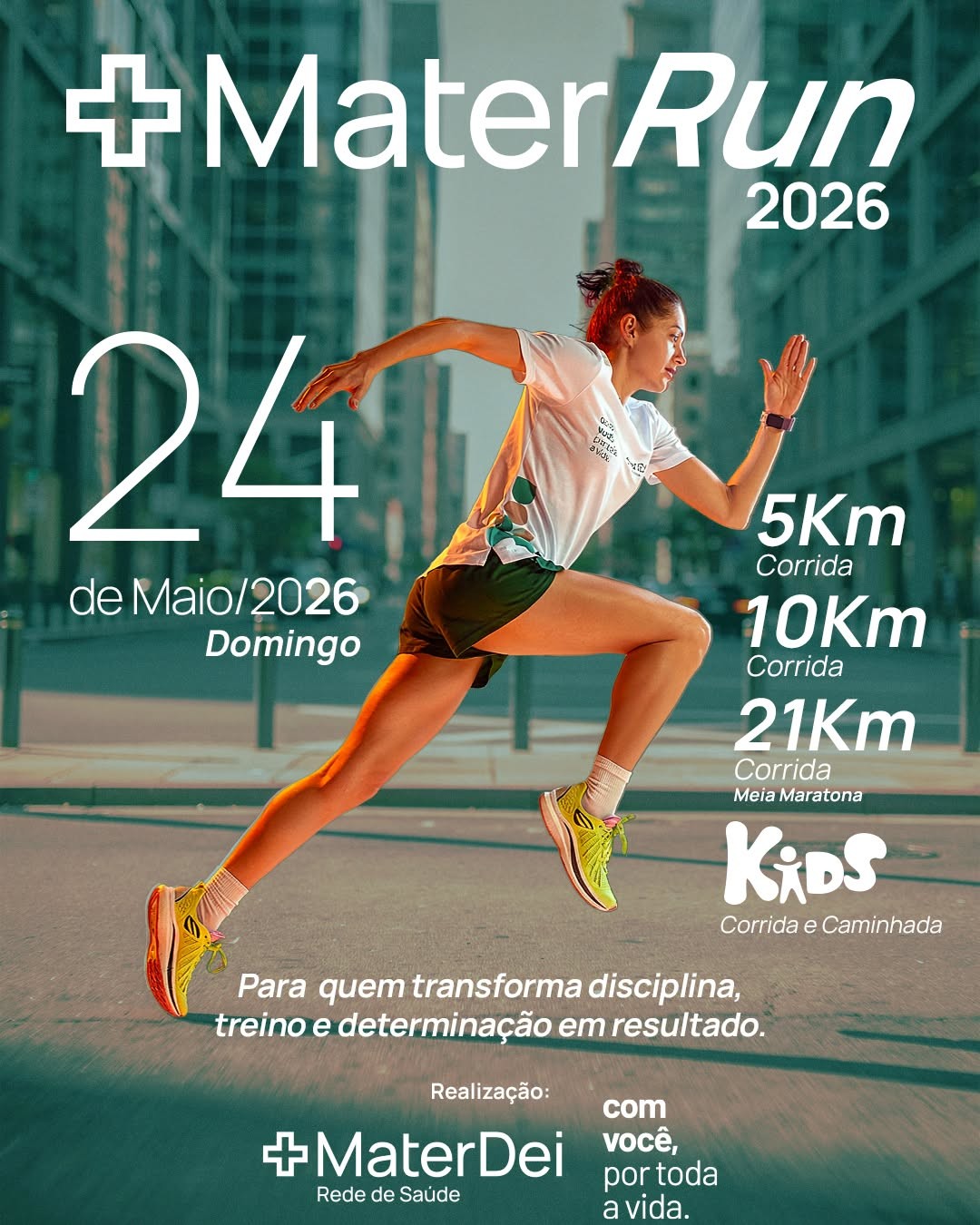 Reprodução Oficial Flyer de divulgação da corrrida Mater Run contendo imagem de uma corredora e informações sobre data, local e modalidades