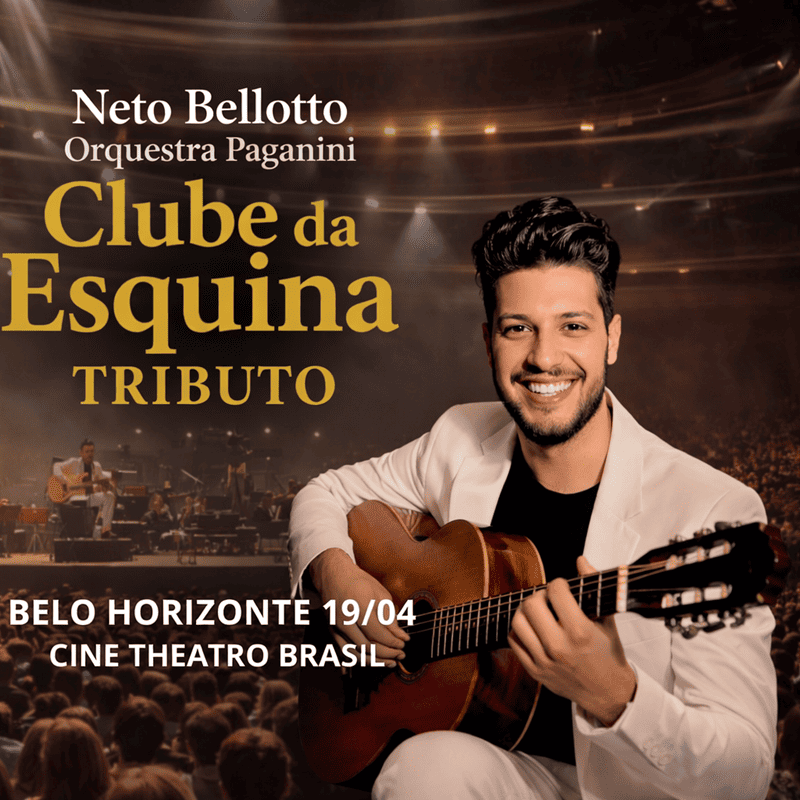Foto de capa de divulgação do espetáculo Clube da Esquina Tributo, contendo foto do artista Neto Bellotto em destaque com a orquestra de fundo 