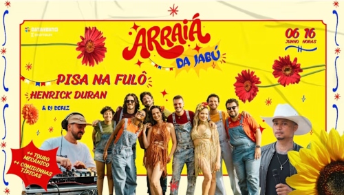Este cartaz horizontal anuncia o evento "Arraiá da Jabú" utilizando uma identidade visual alegre e ensolarada, dominada por um fundo amarelo vibrante e emoldurada por uma borda decorada com linhas onduladas azuis e pequenas flores vermelhas nas laterais. No topo centralizado, o título ganha destaque em letras vermelhas e azuis estilizadas, acompanhado no canto superior direito pelas informações de data e horário: 06 de Junho às 16 Horas. A parte central exibe fotos recortadas das atrações do evento: no meio