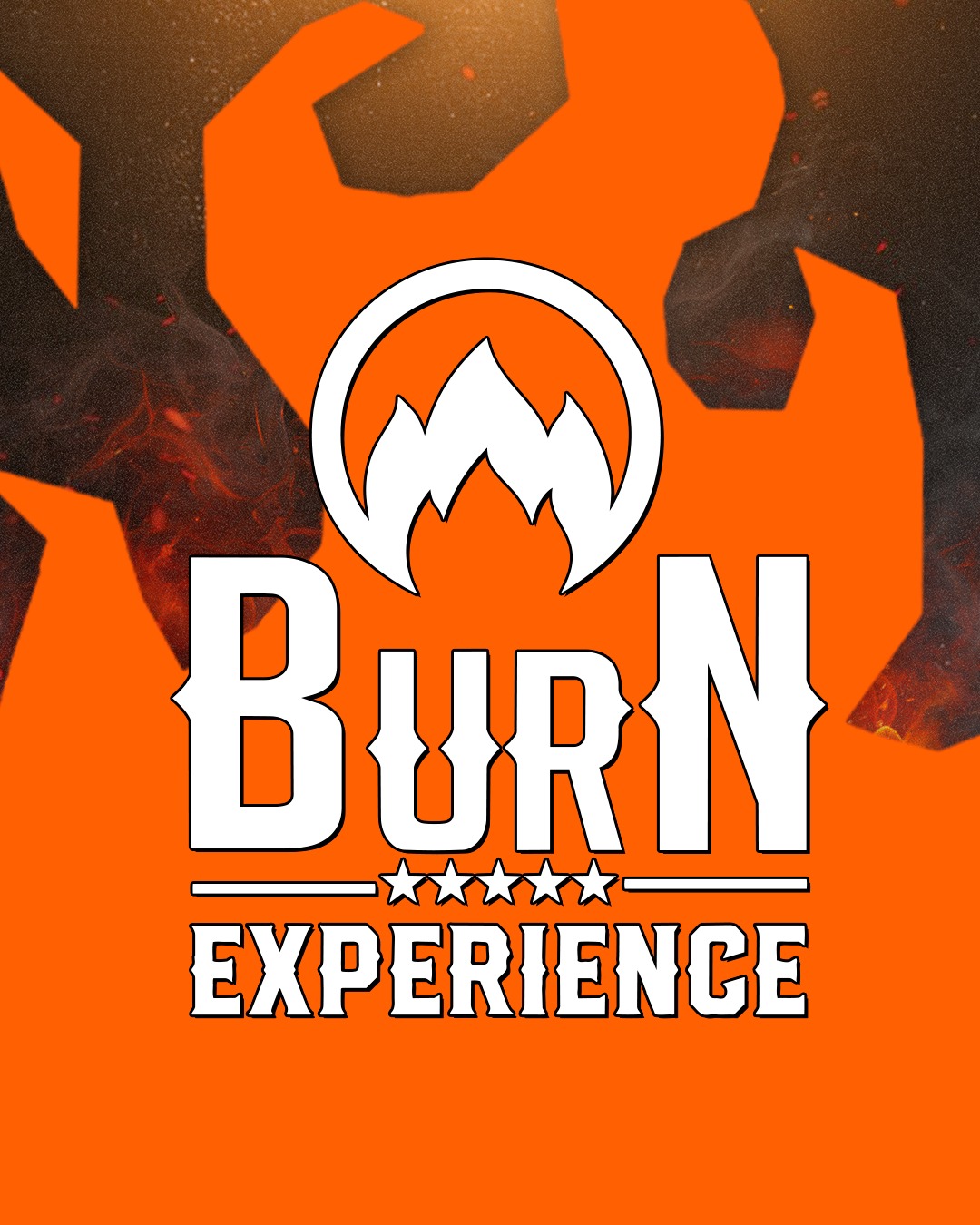 Foto de capa do evento "Burn Experience" contendo o nome do evento em branco com simbolo de chama e cores fortes de fundo 