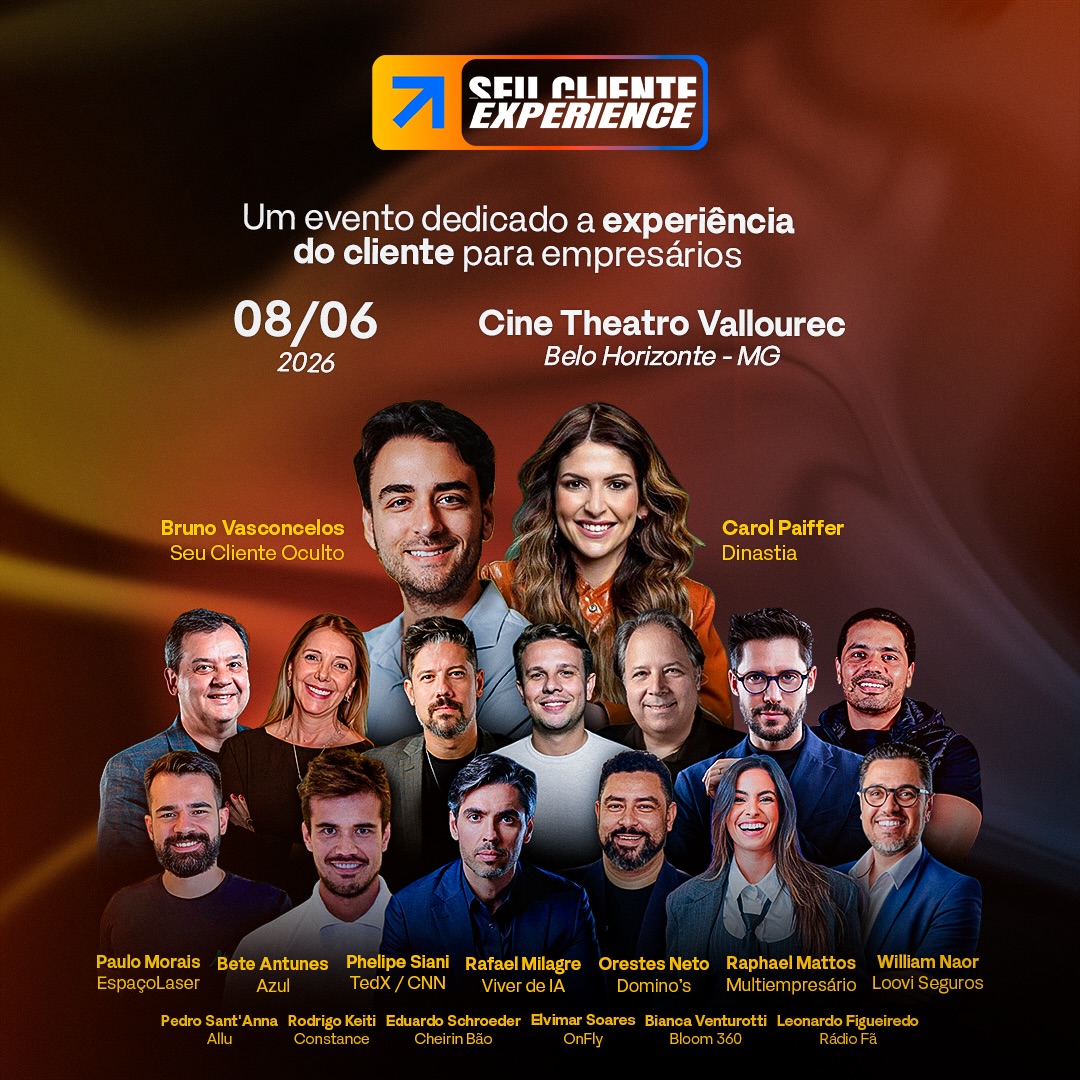 Foto de capa do evento "Seu Cliente Experience" contendo infromações como data e local do evento, além da foto dos palestrantes