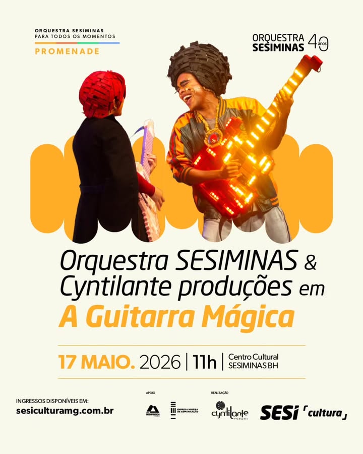 Foto de capa para divulgação do espetáculo teatro "A guitarra mágica" contendo foto do artista principal tocando guitarra e informações do evento