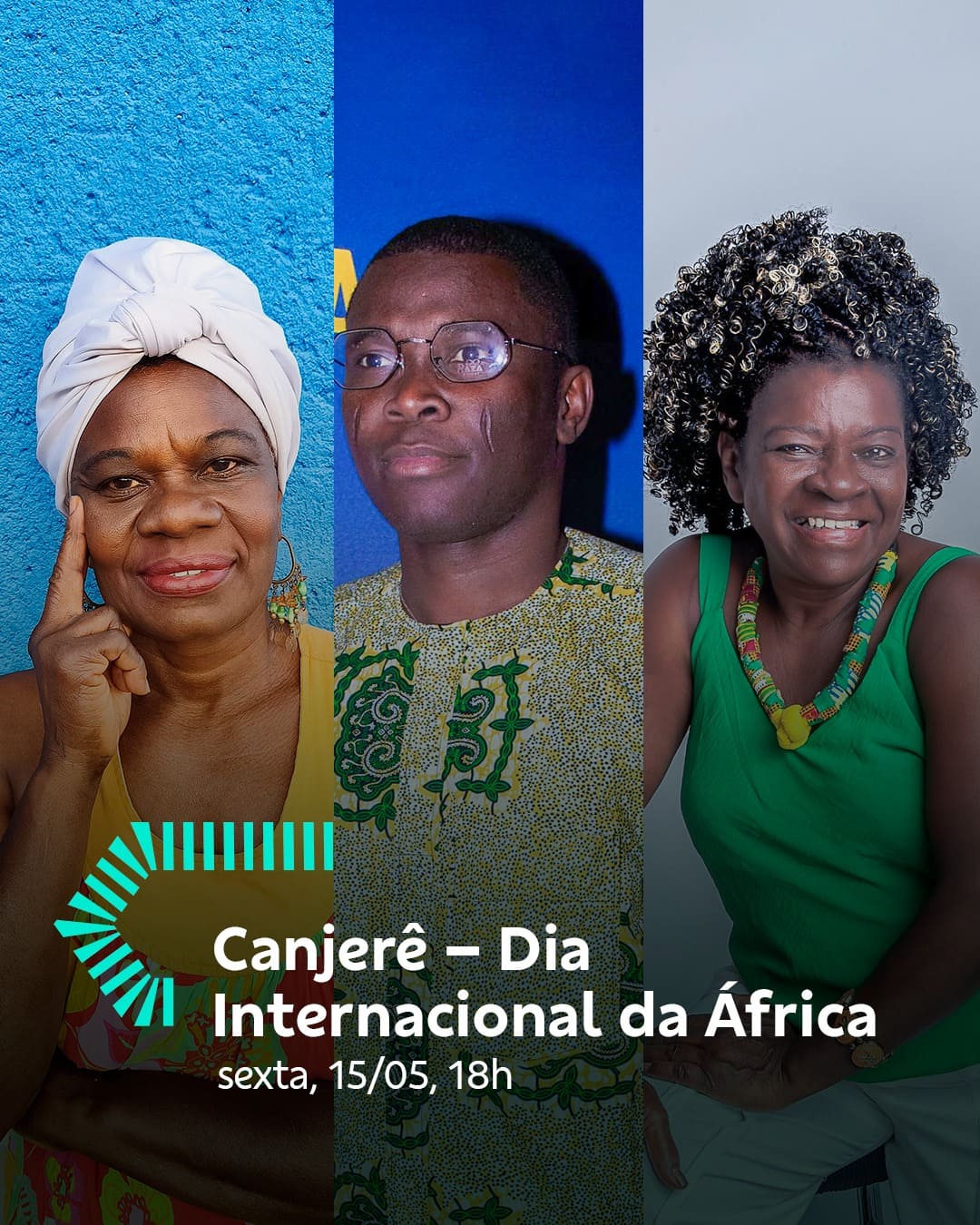 Foto de capa de divulgação para o encontro "Canjerê- Dia Internacional da África" ,contendo data e horário para o evento 