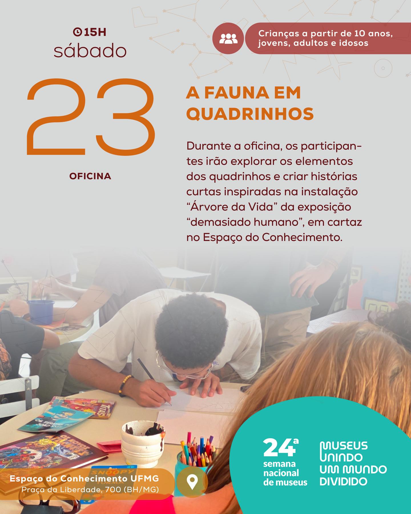 Foto de capa de divulgação para a ofcinal "Fauna em Quadrinhos" no Espaço do Conhecimento UFMG