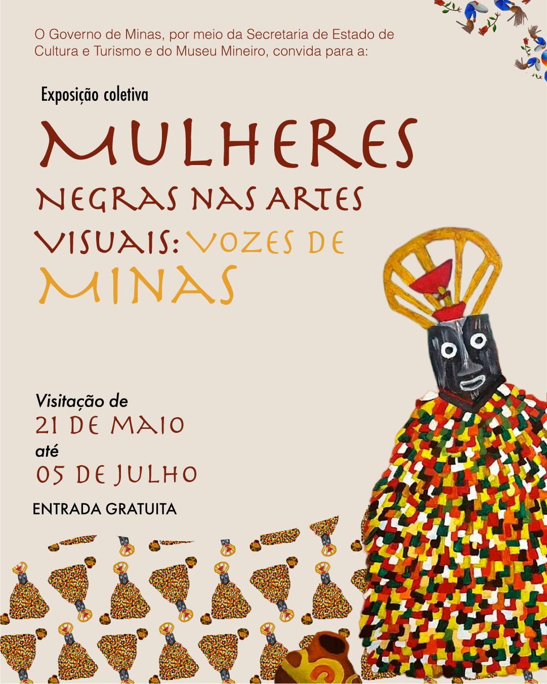 Foto de capa da exposição "Mulheres Negras nas Artes Visuais: Vozes de Minas", contendo data e local do evento