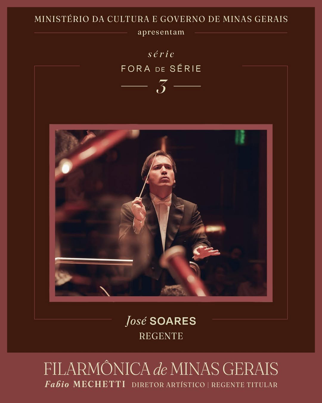 Foto do regente José Soares no centro da imagem, fundo bonina, titulo na parte superior da imagem "fora de série 3"