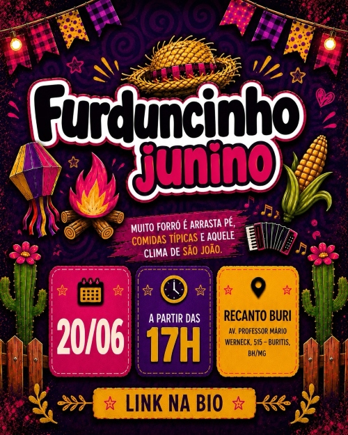 Este cartaz vertical anuncia o evento "Furduncinho Junino" utilizando uma identidade visual bastante colorida, vibrante e festiva sobre um fundo roxo texturizado com padrões de espirais. No topo, decorado por um varal de bandeirinhas juninas xadrez nas cores rosa e amarelo com pequenas lâmpadas acesas nas pontas, destaca-se um grande chapéu de palha caipira com fita rosa. O título principal aparece logo abaixo em letras garrafais e arredondadas nas cores branco e rosa com contorno preto. No centro da compos