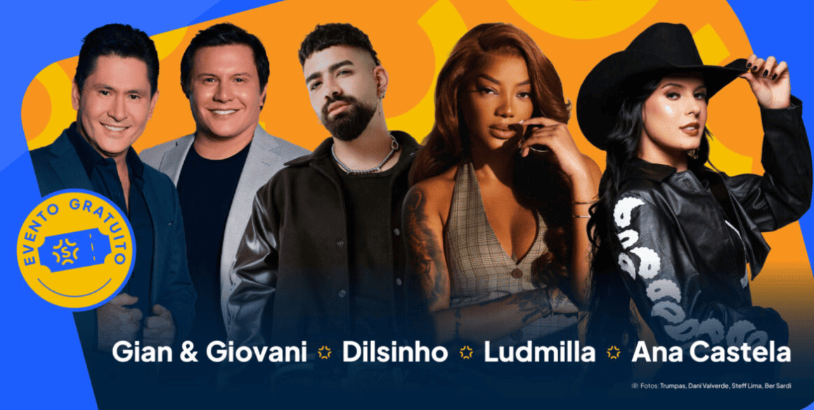Este é um banner promocional de um evento gratuito com grandes nomes da música brasileira. A imagem apresenta, da esquerda para a direita, a dupla sertaneja Gian & Giovani, o cantor de pagode Dilsinho, e as cantoras Ludmilla e Ana Castela. O design utiliza um fundo azul com detalhes vibrantes em laranja e amarelo, destacando um selo no canto inferior esquerdo que identifica a gratuidade do evento através de um ícone de ingresso. Os nomes das atrações aparecem centralizados na base em letras brancas.