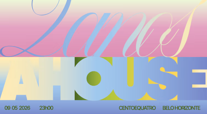 Cartaz horizontal colorido. Na parte superior (rosa), a palavra "Lamas" em letras finas e cursivas azuis. Na parte inferior (blocos coloridos), a palavra "HOUSE" em letras azuis bem grossas e quadradas. No rodapé azul, as informações: 09 05 2026 | 23h00 | CENTOEQUATRO | BELO HORIZONTE.