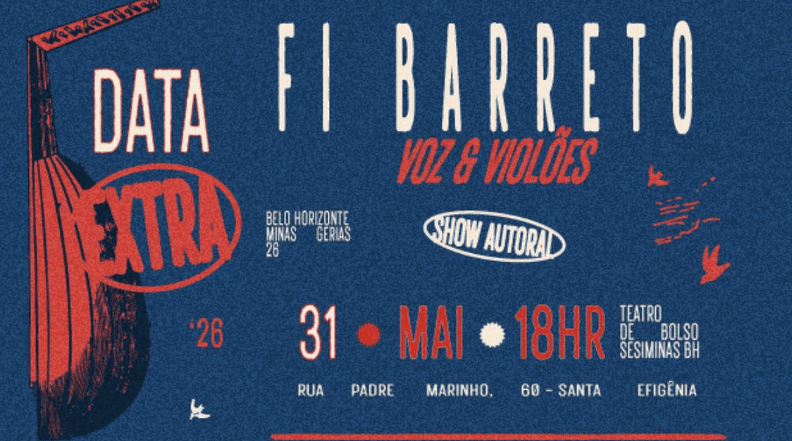 O anúncio possui uma estética retrô e ruidosa, com fundo azul-escuro e detalhes em vermelho e bege. À esquerda, há a ilustração estilizada de um violão e o destaque para a "DATA EXTRA". No centro, as informações principais indicam que o evento ocorrerá no dia 31 de maio, às 18h, no Teatro de Bolso Sesiminas BH (Rua Padre Marinho, 60 - Santa Efigênia). O design inclui pequenas silhuetas de pássaros e uma tipografia alongada, reforçando o tom artístico do show.