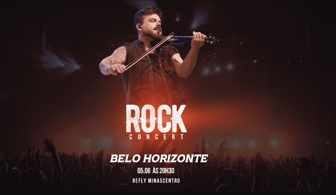 O anúncio apresenta um fundo escuro e atmosférico de um show de grande porte, iluminado por feixes de luz de palco. No centro superior, destaca-se um músico tocando um violino elétrico com os olhos fechados, vestindo um colete preto sem mangas. Logo abaixo dele, o título "ROCK CONCERT" aparece em letras brancas estilizadas com textura. Na parte inferior, sobreposta à silhueta do público com os braços levantados, encontram-se as informações do evento: Belo Horizonte, 05.06 às 20h30, no BeFly Minascentro.